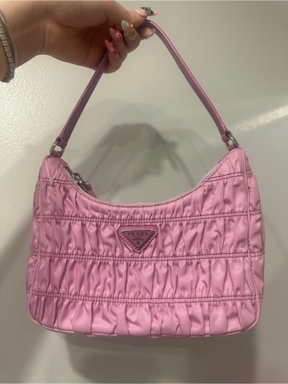 Prada Pink Ruched Nylon Shoulder Bag with Triangle Logo